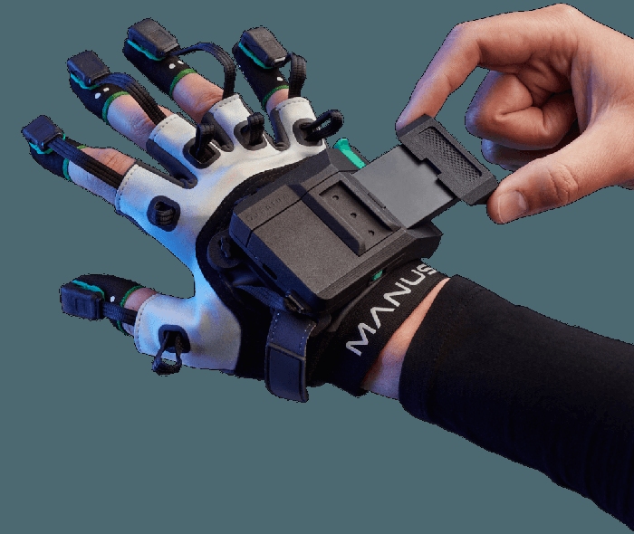 Manus Metagloves.  VR glove also in the premium version, with a few more features.  Easily removable batteries.