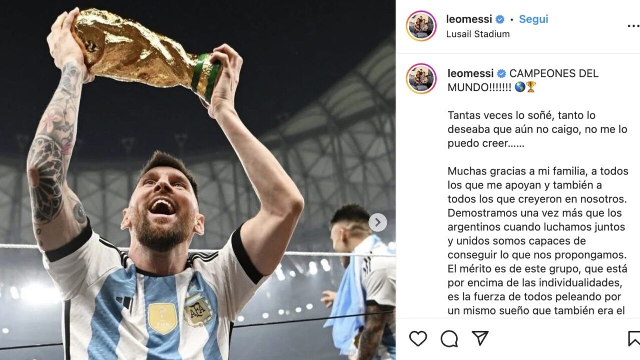 Messi che alza la Coppa del Mondo diventa la seconda foto con più like su Instagram thumbnail