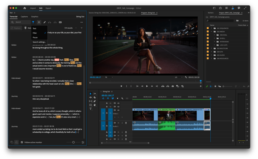 Adobe Premiere Pro autumn update editing text filler