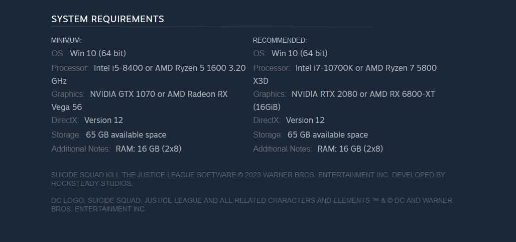 Suicide Squad: Kill the Justice League, requirements for the PC version revealed