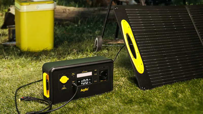 aqiila portable solar panels and yellow powerstation